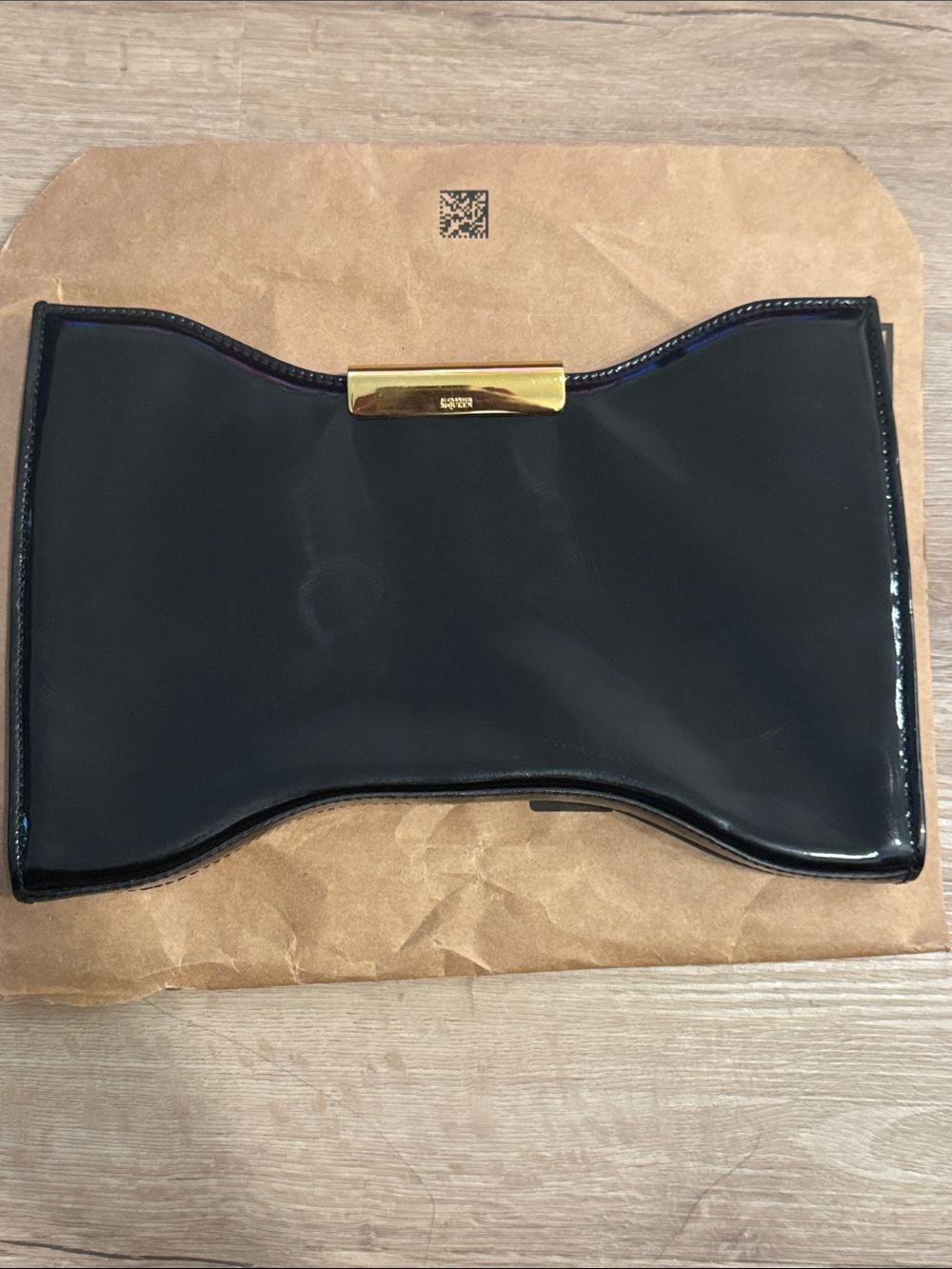 Alexander McQueen Black Patent Leather Bow Clutch with Gold Hardware